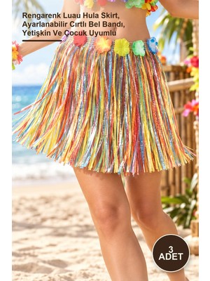 Yenilig 3 Adet Püsküllü Hawaii Hula Etek – Rengarenk Luau Hula Skirt, Ayarlanabilir Cırtlı Bel Bandı, Yetişkin ve Çocuk Uyumlu