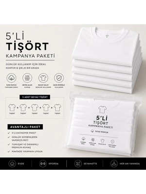 Maisonrae Erkek 5'li Basic Regular Fit Tişört Seti %100 Pamuk Bisiklet Yaka Beyaz Renk