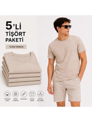 Maisonrae Erkek 5'li Basic Regular Fit Tişört Seti %100 Pamuk Bisiklet Yaka Bej Renk