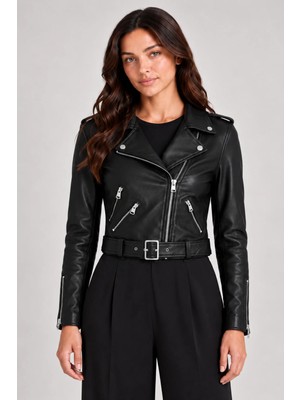 Maisonrae Kadın Siyah Fermuarlı Crop Deri Biker Ceket