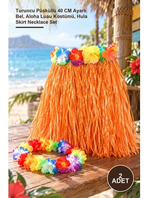 Yenilig 2 Adet Hawaii Hula Etek – Turuncu Püsküllü 40 cm Ayarlı Bel, Aloha Luau Kostümü, Hula Skirt Necklace Set