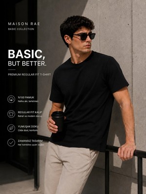 Maisonrae Erkek Tişört Siyah Regular Fit Bisiklet Yaka Pamuklu 30/1 Süprem Kumaş