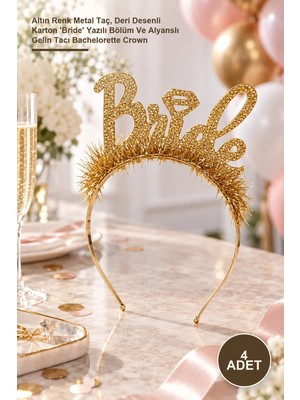 Yenilig 4 Adet Bekarlığa Veda Bride Taç – Altın Renk Metal Taç, Deri Desenli Karton 'bride' Yazılı Bölüm ve Alyanslı Gelin Tacı Bachelorette Crown