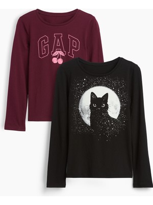 Gap Kız Çocuk Siyah Grafik Baskılı T-Shirt (2’li)