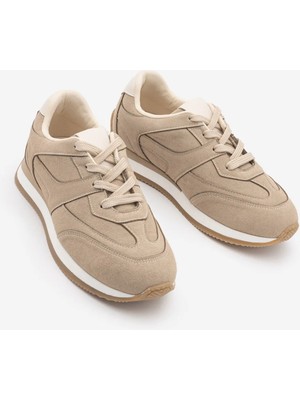 Marjin Kadın Süet Bağcıklı Retro Günlük Sneaker Spor Ayakkabı Foryeta Bej Süet