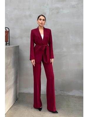 Spirituel Kadın Ikili Alt Üst Takım Kuşaklı Cep Görünümlü Şık Blazer Ceket Bol Paça Yüksek Bel Pantolon Takım