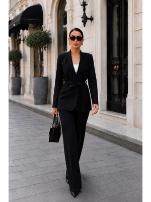 Spirituel Kadın Ikili Alt Üst Takım Kuşaklı Cep Görünümlü Şık Blazer Ceket Bol Paça Yüksek Bel Pantolon Takım