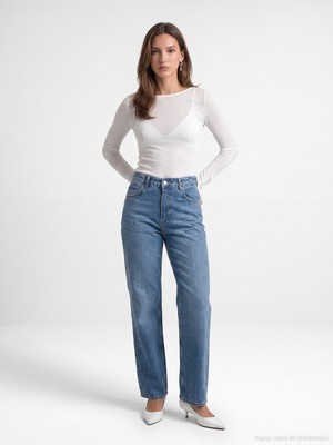 Dilvin 72365 Lyocell Karışımlı Taşlı Wide Leg Jean-Mavi