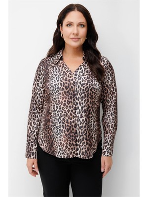 Ekol Kadın Desenli Polo Yaka Gömlek Leopar