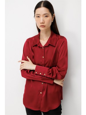 Ekol Kadın Polo Yaka Saten Gömlek Bordo