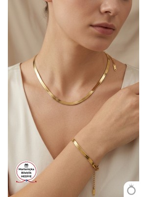 Mavega Kadın Çelik Italyan Zincir Kolye Bileklik Set 316L Paslanmaz Kararmaz Altın Gold 45+5 cm 18+5 cm