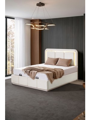 Setay Demonte Baza Seti, Nox Ledli Çift Kişilik Baza Başlık Maxi Yatak Seti, Krem - 160X200 cm