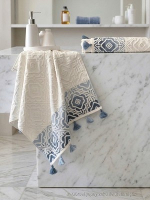 Sevim 2'li Etnik Desen Püsküllü, Jakarlı El Havlusu Seti - %100 Pamuk - 50X90 Cm-Indigo