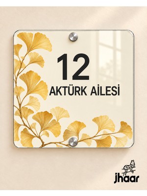 JHAAR Kişiye Özel Krem Ginkgo Desenli Pleksi Kapı Isimliği - Isim ve Kapı Numaralı 20X20 cm