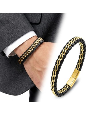 Semtim Kuyumculuk 316L Çelik Sertifikalı Semtim Duo Gold Sarı Çift Zincir Çelik & Deri Erkek Bileklik Sertifikalı, Özel Kutulu, Hediye Paketli