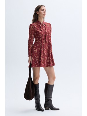 Mudo Kadın Bordo Floral Baskılı Yakası Bağlamalı Mini Elbise