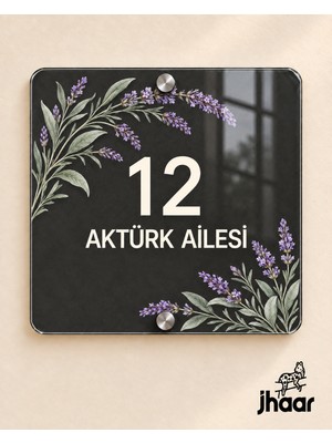 JHAAR Kişiye Özel Antrasit Lavanta Desenli Pleksi Kapı Isimliği - Isim ve Kapı Numaralı 20X20 cm
