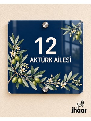 JHAAR Kişiye Özel Lacivert Zeytin Desenli Pleksi Kapı Isimliği - Isim ve Kapı Numaralı 20X20 cm