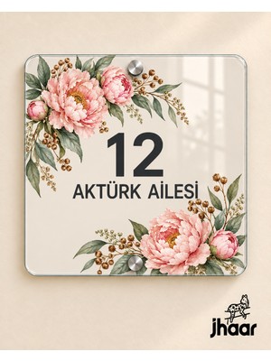 JHAAR Kişiye Özel Açık Taş Şakayık Desenli Pleksi Kapı Isimliği - Isim ve Kapı Numaralı 20X20 cm