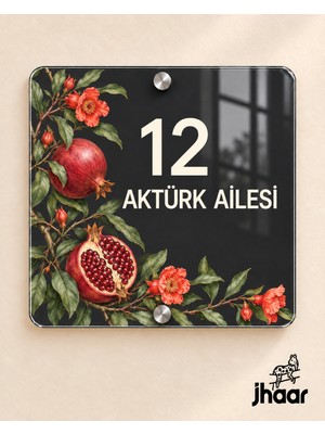 JHAAR Kişiye Özel Antrasit Nar Desenli Pleksi Kapı Isimliği - Isim ve Kapı Numaralı 20X20 cm