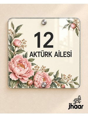 JHAAR Kişiye Özel Kırık Beyaz Şakayık Desenli Pleksi Kapı Isimliği - Isim ve Kapı Numaralı 20X20 cm
