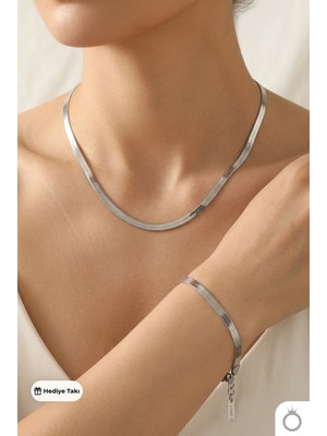 Mavega Kadın Çelik Italyan Zincir Kolye Bileklik Set 316L Paslanmaz Kararmaz Gümüş Silver 40+5 cm 18+5 cm