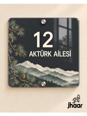 JHAAR Kişiye Özel Antrasit Dağ Desenli Pleksi Kapı Isimliği - Isim ve Kapı Numaralı 20X20 cm