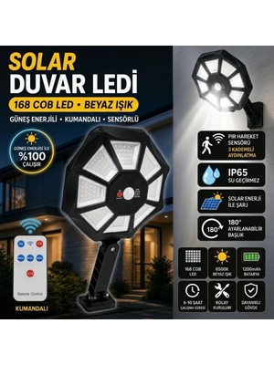 Çetiner GROUP®168B Solar LED Büyük Dış Mekân Lambası, Hareket Sensörlü, Kumandalı, 3 Modlu Ultra Parlak Cob Işık, Su Geçirmez Kablosuz Duvar Apliği