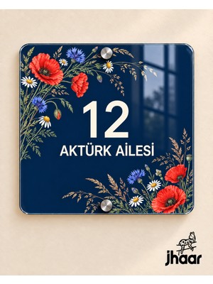 JHAAR Kişiye Özel Lacivert Kır Çiçekleri Desenli Pleksi Kapı Isimliği - Isim ve Kapı Numaralı 20X20 cm