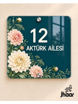 JHAAR Kişiye Özel Petrol Yeşili Yıldız Çiçeği Desenli Pleksi Kapı Isimliği Isim ve Kapı Numaralı 20X20 cm