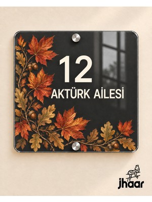 JHAAR Kişiye Özel Antrasit Sonbahar Yaprağı Desenli Pleksi Kapı Isimliği - Isim ve Kapı Numaralı 20X20 cm