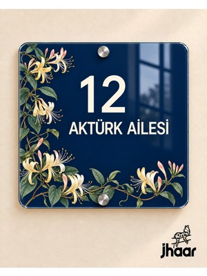 JHAAR Kişiye Özel Lacivert Hanımeli Desenli Pleksi Kapı Isimliği - Isim ve Kapı Numaralı 20X20 cm