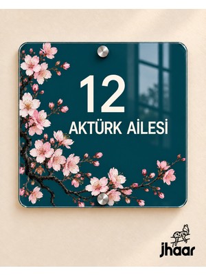 JHAAR Kişiye Özel Petrol Yeşili Sakura Desenli Pleksi Kapı Isimliği - Isim ve Kapı Numaralı 20X20 cm