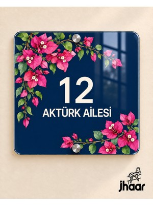 JHAAR Kişiye Özel Lacivert Begonvil Desenli Pleksi Kapı Isimliği - Isim ve Kapı Numaralı 20X20 cm