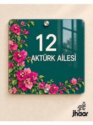 JHAAR Kişiye Özel Petrol Yeşili Begonvil Desenli Pleksi Kapı Isimliği - Isim ve Kapı Numaralı 20X20 cm