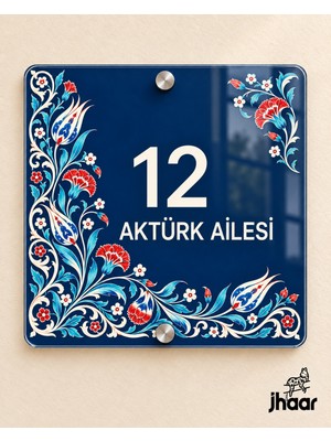 JHAAR Kişiye Özel Lacivert Çini Desenli Pleksi Kapı Isimliği - Isim ve Kapı Numaralı 20X20 cm