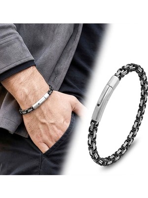 Semtim Kuyumculuk 316L Çelik Sertifikalı Semtim Royal Duo 4 mm Siyah & Gümüş Kral Zincir Çelik Erkek Bileklik Sertifikalı, Özel Kutulu, Hediye Paketli