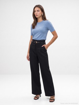 Dilvin 72803 Kemerli Pileli Pantolon-Siyah