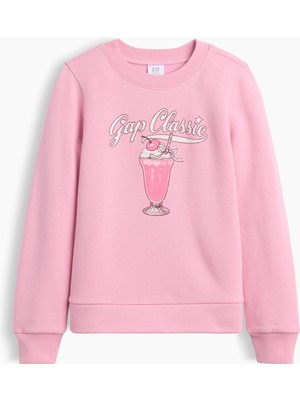 Gap Kız Çocuk Pembe Bisiklet Yaka Grafik Baskılı Sweatshirt