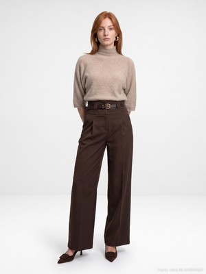 Dilvin 72803 Kemerli Pileli Pantolon-Kahve