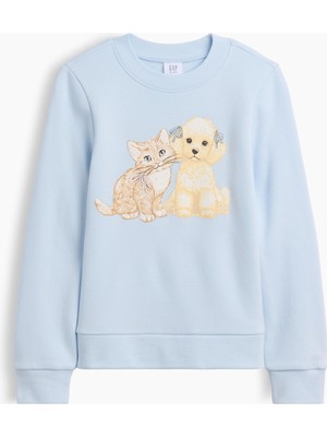 Gap Kız Çocuk Açık Mavi Bisiklet Yaka Grafik Baskılı Sweatshirt