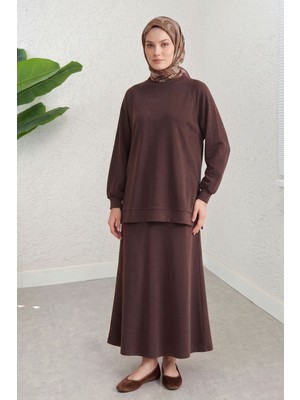 Modestim Kadın Modal Pike Kumaş Tunik Yan Fermuar Detay Reglan Kol Etekli Tunik Tesettür Takım Kahve