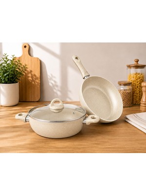 btpeak Çetcook Granit 2'lı Set 24 cm Karnıyarık 24 cm Tava Krem