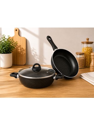 btpeak Çetcook Granit 2'lı Set 24 cm Karnıyarık 24 cm Tava Siyah