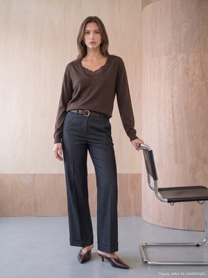 Dilvin 72816 Kemerli Kıvrık Paça Pantolon-Siyah