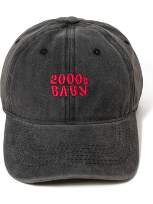 Nome Studio Nakışlı Antrasit Şapka Y2K Streetwear Şapka Yıkamalı Kumaşlı ve Fuşyayazı Nakışlı Pamuklu Şapka