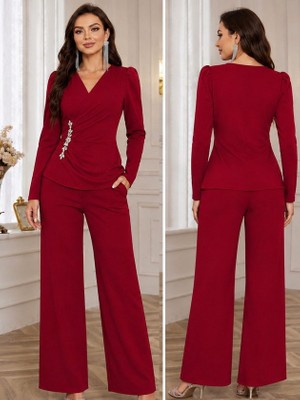 Pileli Store Kadın Uzun Kollu Kruvaze Yakalı Yan Tarafı Taşlı Ithal Krep Bluz ve Pantolon Ikili Takım