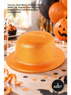 Yenilig 3 Adet Parti Şapkası – Turuncu Simli Melon Yuvarlak Plastik 24X26 Cm, Doğum Günü ve Cadılar Bayramı, Party Hat Birthday Hat