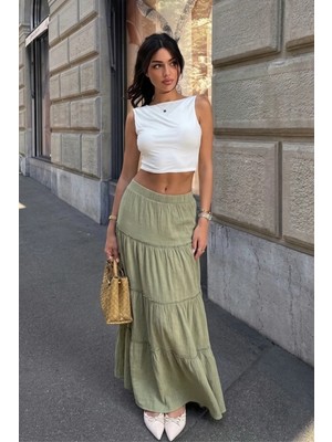 Seeh Yeşil Basic Uzun Pileli Etek SH159