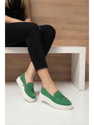 Shoetek   Aylisa Kadın Makosen Ayakkabı Püsküllü Yeşil Süet